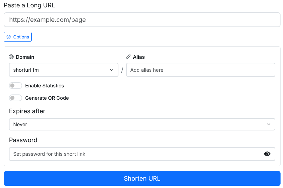 Link Options dashboard screenshot