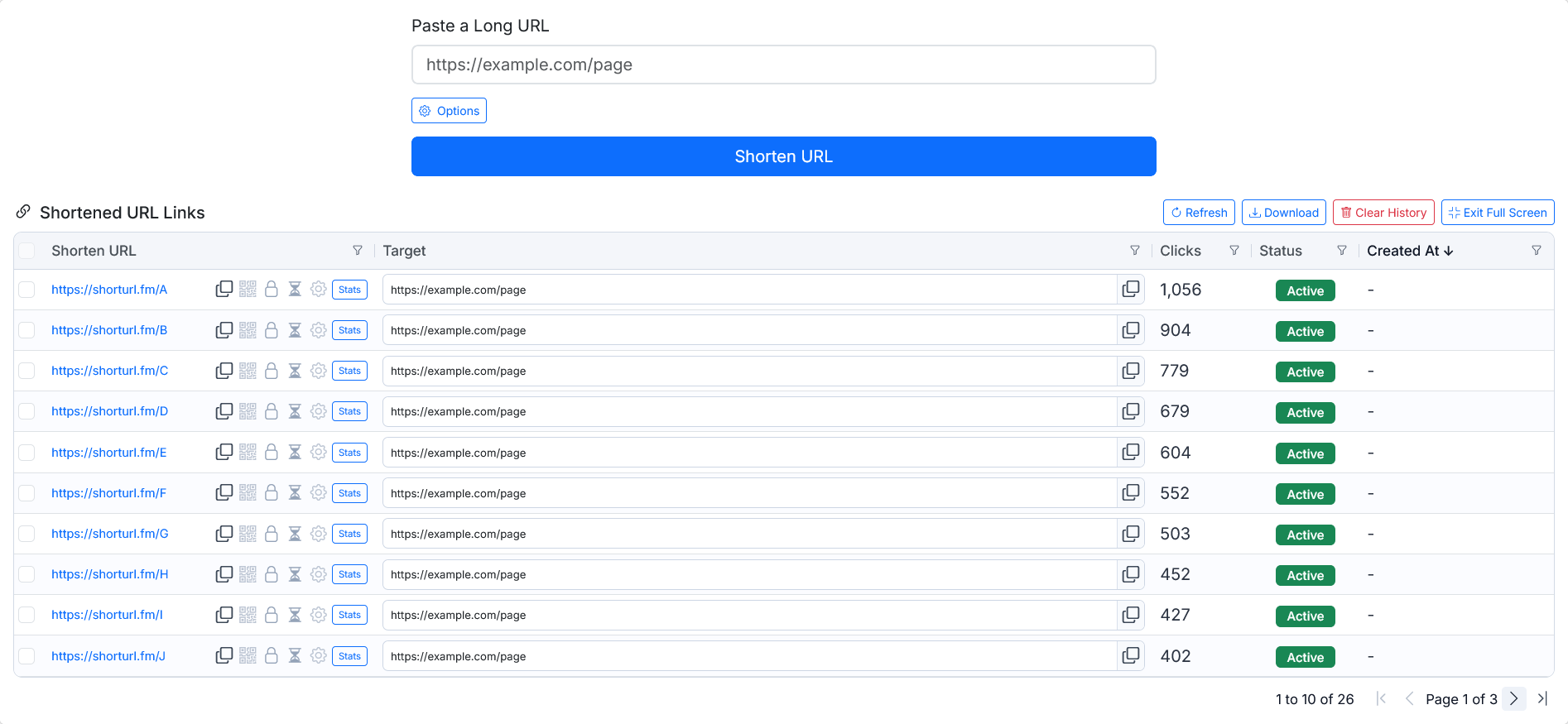 Short Links Panel dashboard screenshot