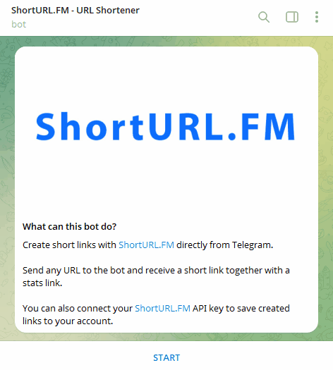 Animation showing ShortURL.FM Telegram bot creating a short link